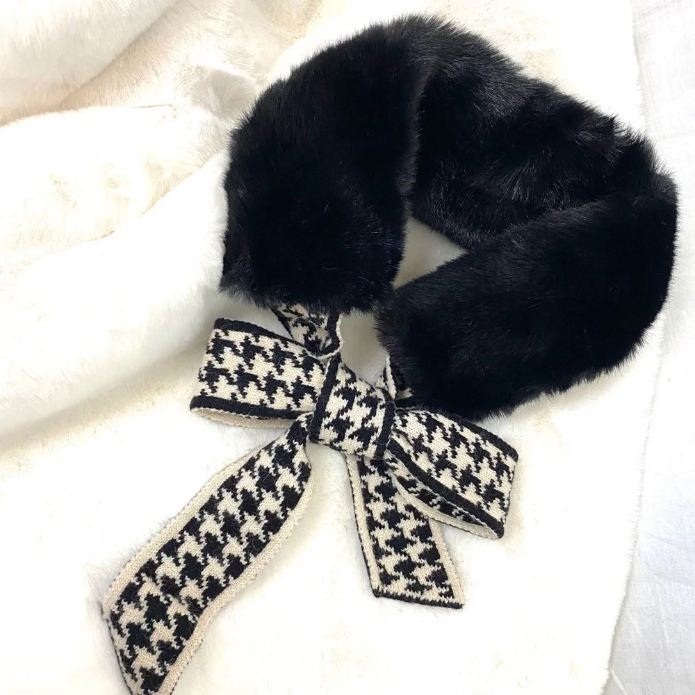 Faux Fur Neck Scarf Houndstooth Foulard Black White Tie